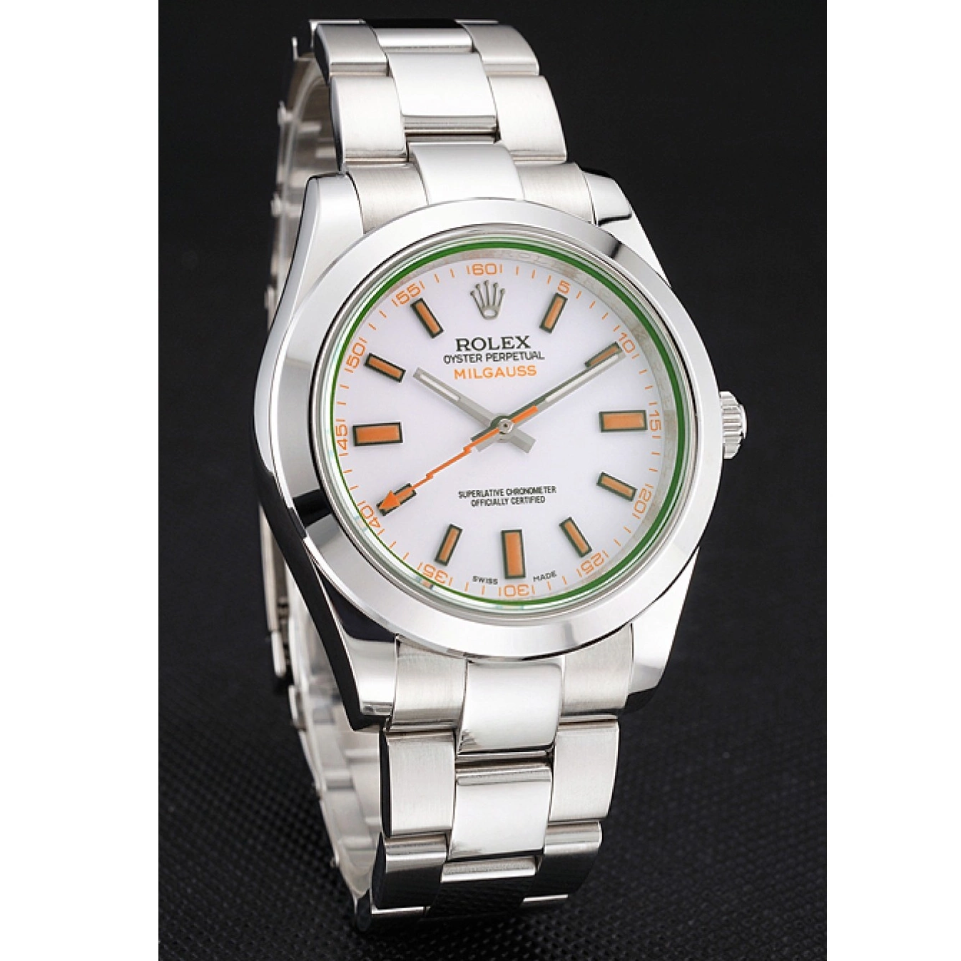 Rolex copies cheap Steel Case White Rolex Stainless Dial Bracelet Swiss Orange Milgauss And Markings 0612